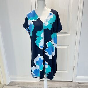 A New Day Dress Women's Blue Floral V-Neck Sheath Cap Sleeve Size Large